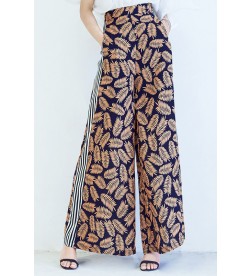 Dark Blue Leaves Print Wide Legs Pants